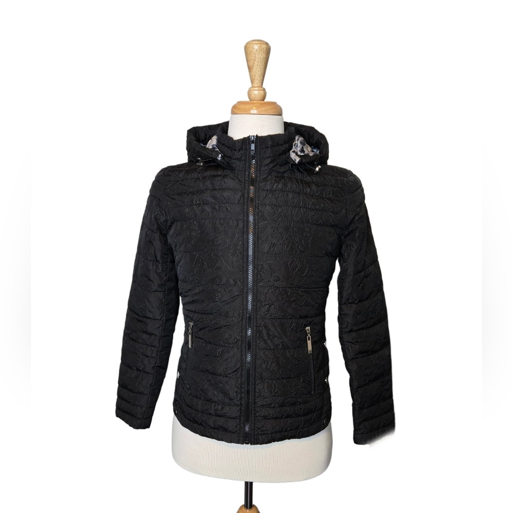 Tribal‎ Black Textured Quilted Hooded Jacket M Floral Puffer Street Style Coat